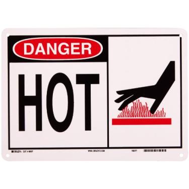 Imagem de Brady 46687 35,5 cm largura x 25,4 cm altura B-555 alumínio, preto e vermelho em branco sinal de alerta, cabeçalho "perigo", legenda "Hot" (com imagem)