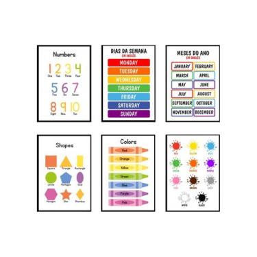 Imagem de Quadros Inglês Escola Numeros Educativos Kit 6 Peças 20x28cm - CAMALEÃ