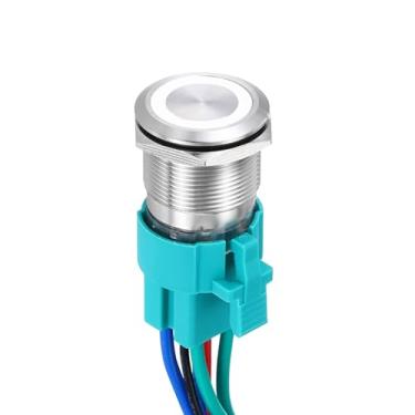 Imagem de DMiotech Interruptor de botão de trava de aço inoxidável de 7/8 polegadas, cabeça chata, 15A, 12-24 V, concha prateada de 6 pinos com soquete de cabo, anel branco LED 2NO para sistemas de barcos de