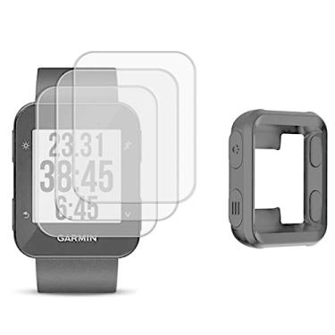 Imagem de Protetor de tela para relógio (3 unidades) compatível com Garmin Forerunner 35 película de vidro temperado antirriscos de alta definição cobertura total e (1 unidade) capa de silicone para relógio inteligente