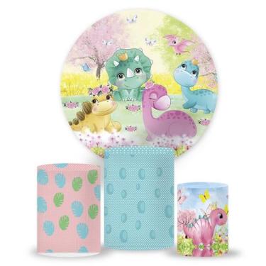 Imagem de Kit Painel de festa Dino Baby, painel redondo, capa de cilindro e port