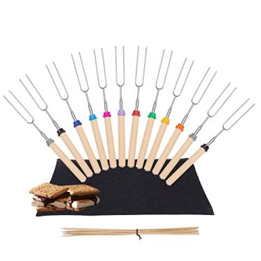 Imagem de Y-ME Palitos de assadura de Marshmallow Smores com cabo de madeira, 81 cm, garfos extensíveis para churrasco, 12 peças, kit telescópico Hotdog S'Mores para fogueira