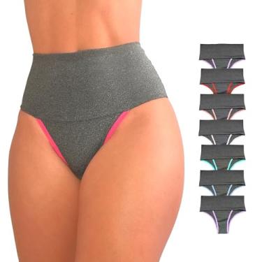 Imagem de Kit 7 Calcinhas Modeladoras Cós Alto - Compressão para Barriga, Cintura Alta, Sem Costura, Forro 100% Algodão - Cinza XG - VIÉRE