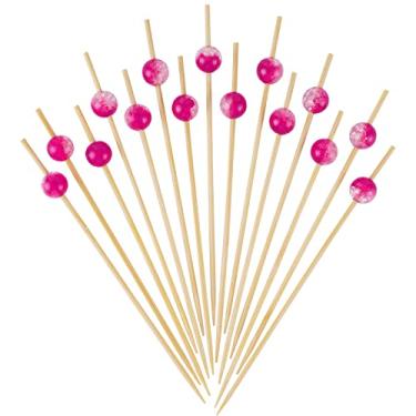 Imagem de Minisland Palitos de dente extravagantes de pérola rosa fúcsia para aperitivos, palitos de coquetel de bambu de 11 cm, palitos decorativos para festas, alimentos, bebidas, charcutaria, frutas, espetos, espetos, 100 unidades - MSL413