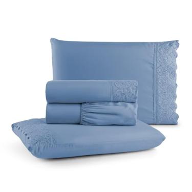 Imagem de Jogo de Lençol Casal 4 Peças Napoli Percal 300 Fios Lese Bordado Inglês (Azul)