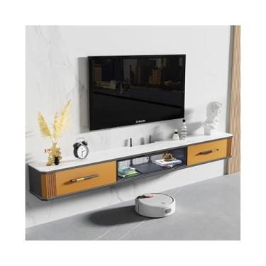 Imagem de Armário de TV Unidade de TV flutuante sob a TV com grande espaço de armazenamento, console de mídia flutuante de luxo moderno com porta de vidro dobrável e mesa de pedra, 4 cores Armário de mídia(Oran