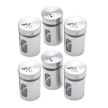 Imagem de Kit 06 Saleiro Pimenteiro Porta Condimentos Vidro Inox Visor - Unyhome