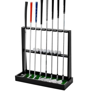 Imagem de XCSOURCE Elegante suporte de taco de golfe de madeira para taco de golfe, expositor interno com tapete de grama artificial – Organiza 8 tacos e 12 bolas para casa, escritório e clube