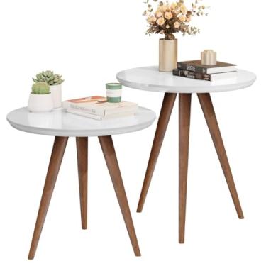 Imagem de Mesa de Canto e Apoio Redonda Pés Palito em Madeira Modelo Retro Decorativa Star Branca