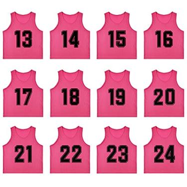 Imagem de RE-HUO Conjunto de 12 coletes de futebol numerados (13-24) / Pinnies esportivos/babadores de treinamento com bolsa de transporte grátis (rosa 13-24, G)