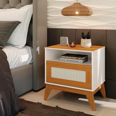 Imagem de Mesa de Cabeceira Rattan pés e tampo em MDF 1 Gaveta Retrô