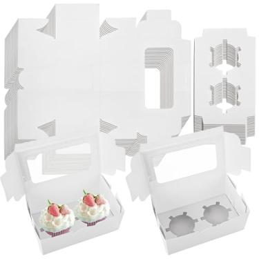 Imagem de AKOLAFE Conjunto De 100 Caixas De Cupcake Brancas, 2 Suportes Para Cupcake Com Tampa Para Levar Recipientes Para Cupcake, Caixas De Papelão Reutilizáveis Para Cupcake, A Granel Com Janela Transpare