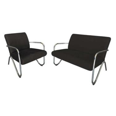 Imagem de Kit Namoradeira + Poltrona Decorativa Bela Couro Preto Braço Cromado -