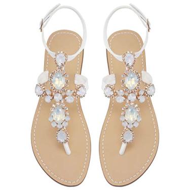 Imagem de Sandália feminina gladiadora de strass ZhuLinFeng Pingtan Sandália de casamento pérola brilhante madrinha sandália azul boêmia, Branco, 6