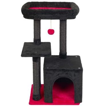 Imagem de FISH&NAP F11 RedBlack Cute Cat Tree Kitten Cat Tower for Indoor Cat Condomínio Sisal arranhar postes com plataforma de salto, móveis para gatos, centro de atividades, casa de brinquedo, vermelho e