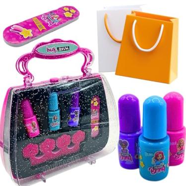 Imagem de Kit brinquedo pedicure manicure salão de beleza infantil faz de conta estojo rosa com glitter brilhante esmalte para unha + separador de dedos lixa presente dia das crianças aniversário menina 5 anos