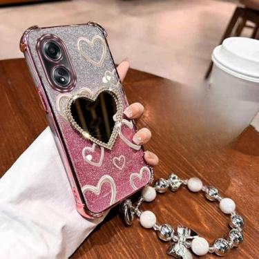 Imagem de Airbag Pulseira Glitter Amor Coração Espelho de Maquiagem Capa de Telefone para Oppo A54 A55 A57 A58 A76 A77 A78 a96 4G 5G Capa, Ouro rosa, Para Oppo A78 4G