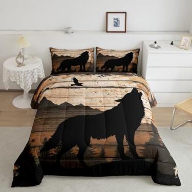 Imagem de Feelyou Jogo de cama casal com estampa de lobo para meninas, mulheres, adolescentes e adultos, temática de caça à vida selvagem, casa de fazenda ocidental, conjunto de colcha macia, com 2 fronhas, 3