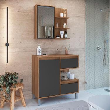 Imagem de Conjunto de Gabinete e Armário de Banheiro com Espelho Paula 2 pt 2 gv Mel e Grafite