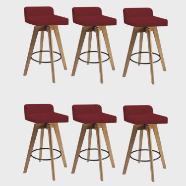 Imagem de Kit 06 Banqueta Alta Com Encosto Giratória Rute Madeira Balcão Bistrô Cozinha Sintético Vermelho - Ahz Móveis