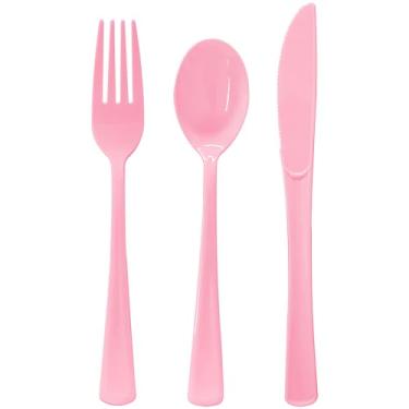 Imagem de Pacote com 150 talheres de plástico rosa claro, utensílios de plástico rosa resistentes, inclui 50 garfos descartáveis, 50 facas, 50 colheres para aniversário, chá de noiva, casamento