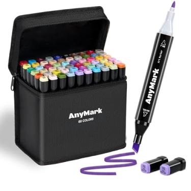 Imagem de AnyMark marcadores de álcool, conjunto com 60 cores, pontas duplas cinzel e fina, marcadores artísticos para desenho, esboço, adultos e crianças, tinta à base de álcool, estojo preto