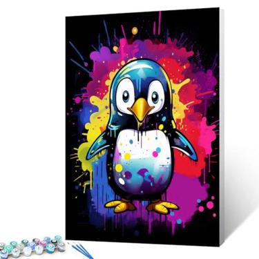 Imagem de Tucocoo Pintura de pinguim fofo por número para adultos, kits de pintura a óleo digital DIY em tela com pincéis e pigmento acrílico, imagem colorida de animal de grafite preto para decoração de casa