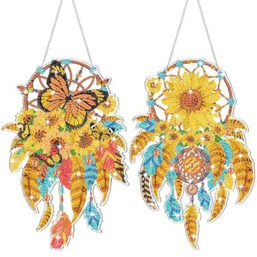 Imagem de Saillong 2 kits de pintura de arte de diamante apanhador de sonhos para adultos DIY verão borboleta flor apanhador solar pendurado pintura diamante arte carrilhão de vento pendurado para decoração de