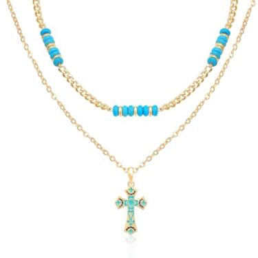 Imagem de Colar feminino boêmio com contas turquesa em camadas, contas de pedra turquesa, pingente de cruz esmaltado verde com padrão vintage, corrente de ouro ajustável, boêmio, verão, praia, religião