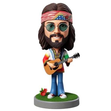 Imagem de Bandana Hippie masculina que balança a cabeça tocando guitarra de cabelo longo, feita à mão, feita à mão a partir de foto, retrô, rock, escultura para colecionadores de música, exibição de estúdio