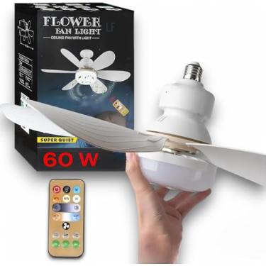 Imagem de Ventilador de Teto de 60W E27 com Lâmpada Inteligente LED - Pequeno, Silencioso e Moderno - Controle Remoto, 6 Pás, 3 Velocidades, Temperatura de Cor Ajustável, Design de Flor