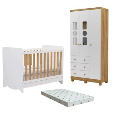 Imagem de Quarto Bebe Berço e Guarda Roupa 3Pt MDF Dorabelly Dyte + Colchão
