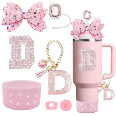 Imagem de Conjunto de acessórios de copo Stanley rosa de 7 peças, decorações de iniciais para Stanley Cup 850.5 g 1,134 g, inclui cobertura de canudo de joia, tampa à prova de derramamento, pingente de alça