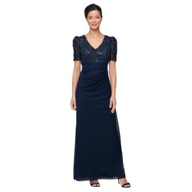 Imagem de Alex Evenings Vestido feminino de convidada de casamento com decote em V, corpete de lantejoulas elásticas e cintura império (tamanhos pequenos e regulares), Soutache Puff azul-marinho, 38