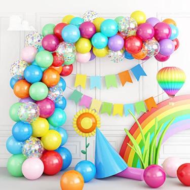 Imagem de Kit de guirlanda de arco de balão arco-íris com 11 balões coloridos de confetes, faixa de arco de balão e cola de pontos para chá de bebê, festa de aniversário infantil, festa de aniversário de carnaval, circo, festa de casamento