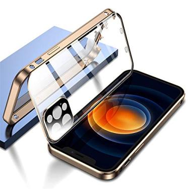 Imagem de KMXDD Capa com trava de segurança dupla para iPhone 11 Pro Max com protetor de lente de câmera protetor de tela integrado de vidro dupla face 360 moldura de metal de corpo inteiro capa transparente (11ProMAX, ouro)