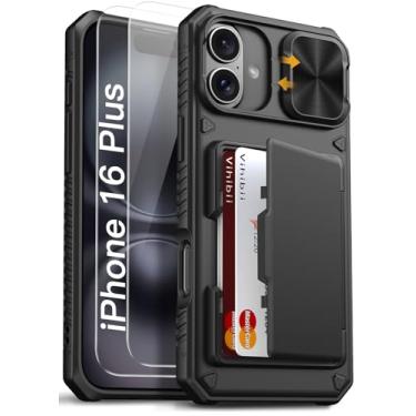 Imagem de Vihibii Capa para iPhone 16 Plus com [2 protetores de tela], suporte de cartão embutido (4 cartões), [bloqueio RFID] e capa deslizante para câmera e películas de vidro temperado, capa carteira robusta