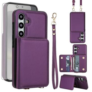 Imagem de Capa de celular para Samsung Galaxy S24 Plus S24+ 5G carteira celular com protetor de tela de vidro temperado alça transversal com bloqueio de RFID S24Plus 24S + S 24 24+ SM-S926U feminino roxo escuro