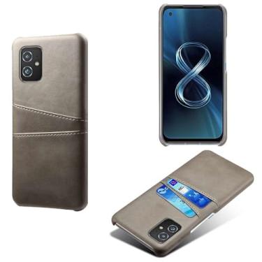 Imagem de Capas Compatível com ASUS Zenfone 8 ZS590Ks,Caso de couro PU-Tampa de telefone a prova de choque com 2 slots de cartão,Proteção anti-impressão digital e anti-gota-Grey