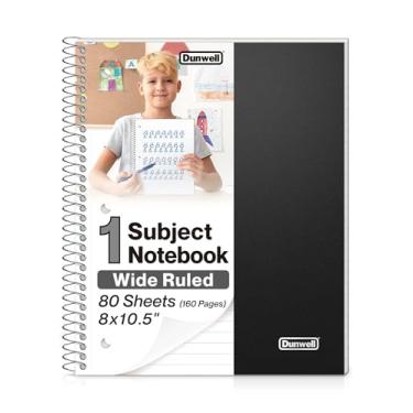 Imagem de Dunwell Caderno espiral pautado largo, caderno de 1 assunto, capa de plástico, 80 folhas, papel de régua de 20 x 26 cm, páginas perfuradas, caderno espiral de um assunto para escola com bolsos