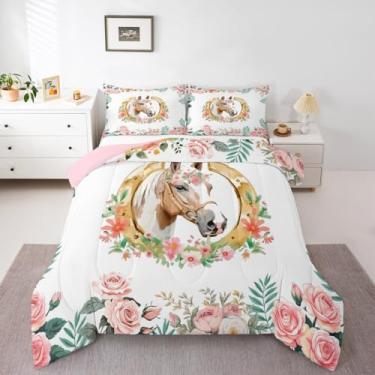 Imagem de Erosebridal Conjunto de edredom completo de cavalo ocidental para meninas e crianças, conjunto de cama floral boêmio rosa fofo, inserção de edredom em ferradura de fazenda, rústico, vaqueira