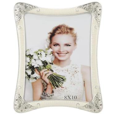 Imagem de Moldura vintage de metal branco 20 x 25 cm, borda prateada, floral, extravagante, moldura dourada ornamentada, exibição de arte de mesa ou parede, frente de vidro HD transparente, presentes de