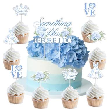 Imagem de Fangleland Hortênsia chá de panela topo de bolo picaretas de cupcake - 25 peças algo azul antes de eu fazer decorações de bolo despedida de solteira casamento artigos de festa de noivado decoração de