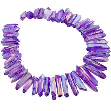 Imagem de rockcloud Pontas de cristal de rocha natural revestidas de titânio varetas de quartzo transparente com pontas perfuradas na parte superior de 38 cm, roxo claro