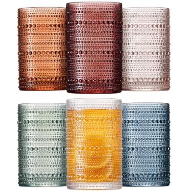 Imagem de Mfacoy Conjunto de 6 copos coloridos Hobnail para cozinha, copos vintage de 350 ml, copos de vidro com contas em relevo, copos de água, copo de água colorido com contas para coquetéis, sucos e várias