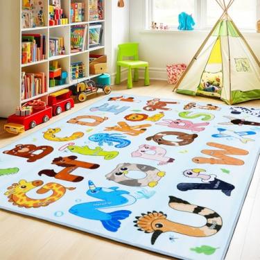 Imagem de Bolacrom Tapetes infantis para sala de jogos, tapete educativo para aprender o alfabeto ABC, macio, lavável na máquina, tapete de animal fofo antiderrapante para sala de aula, berçário, decoração de