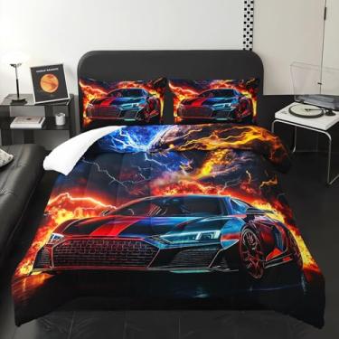 Imagem de XYNHML Jogo de cama colorido de carro de corrida preto, guepardo, 3 peças, para crianças, adolescentes, meninas, adultos, jogos extremos, decoração de cama com 1 edredom e 2 fronhas