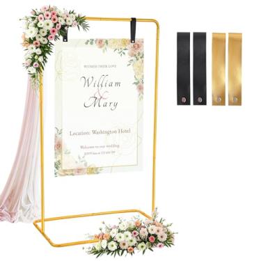 Imagem de Suporte de placa de boas-vindas de casamento personalizado, dourado Bem-vindo ao nosso suporte de placa de pendurar de casamento com tiras de letreiro de couro, suporte de cavalete para sinalização