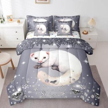 Imagem de Erosebridal Jogo de cama queen com estampa de furão, 7 peças, arte fluida de lantejoulas prateadas, diamante de cristal, animal selvagem, decoração de quarto de vida selvagem