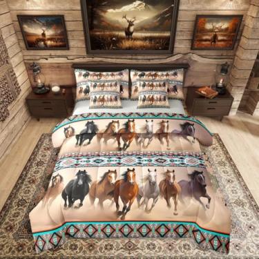 Imagem de Erosebridal Jogo de cama king size com cavalo asteca do sudoeste de 7 peças, animais de fazenda, inclui edredom, conjunto de lençóis, fronhas e fronhas para todas as estações